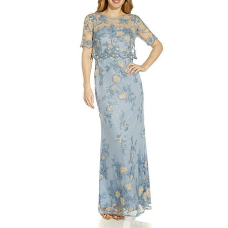 Adrianna Papell Boat Neck Short Sleeves Back Zipper Long Embroidered Dress-SKYWAY / 10