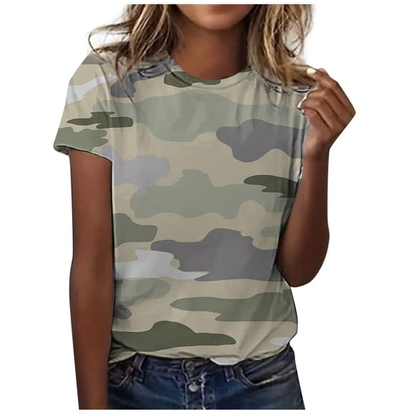 Women's Classic Versatile Daily Short Sleeved Solid Stripe Leopard Camo Color Block Casual Round Neck T Shirt 5 Womens Active Woman T Shirt Casual Womens T Shirt Loose Fit Thick Long Sleeve T