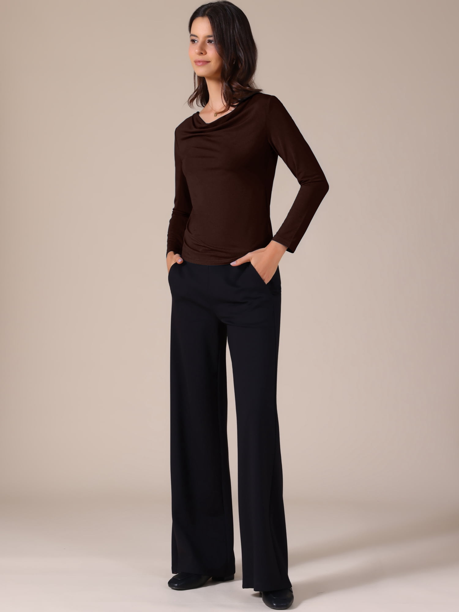 DARING DIVA Women's Cowl Neck Long Sleeves Fitted Layering Soft T-Shirt M Coffee Brown
