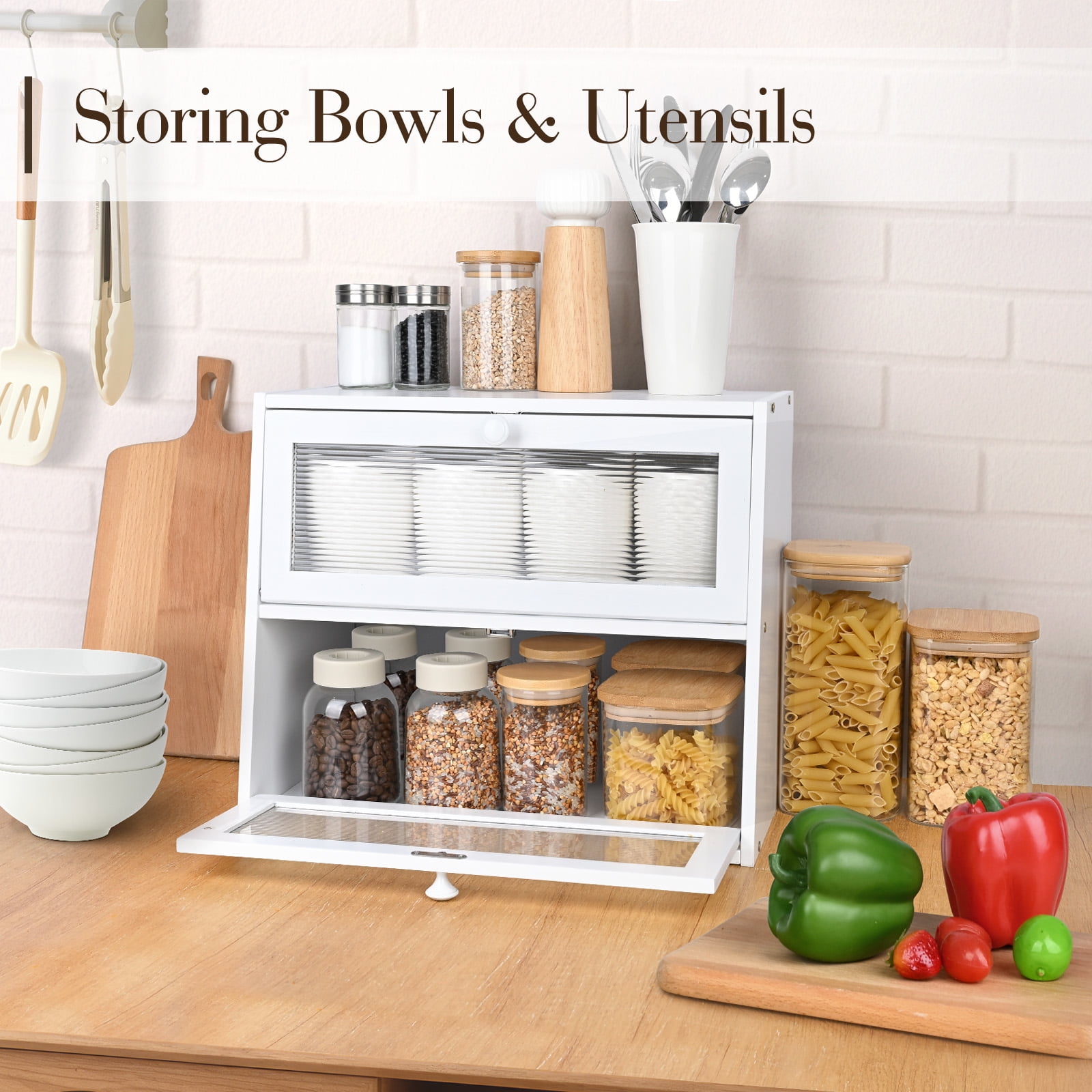 Bamboo Bread Box for Kitchen Countertop, Double Layer Bread Container, Bread Storage with Acrylic Wavy Door Panel, White