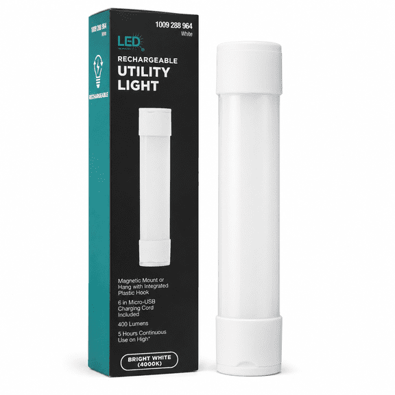 Rechargeable LED Utility Light, 400 Lumens, Magnetic Mount, Hanging Hook, 3 Brightness Modes, 4000K Bright White