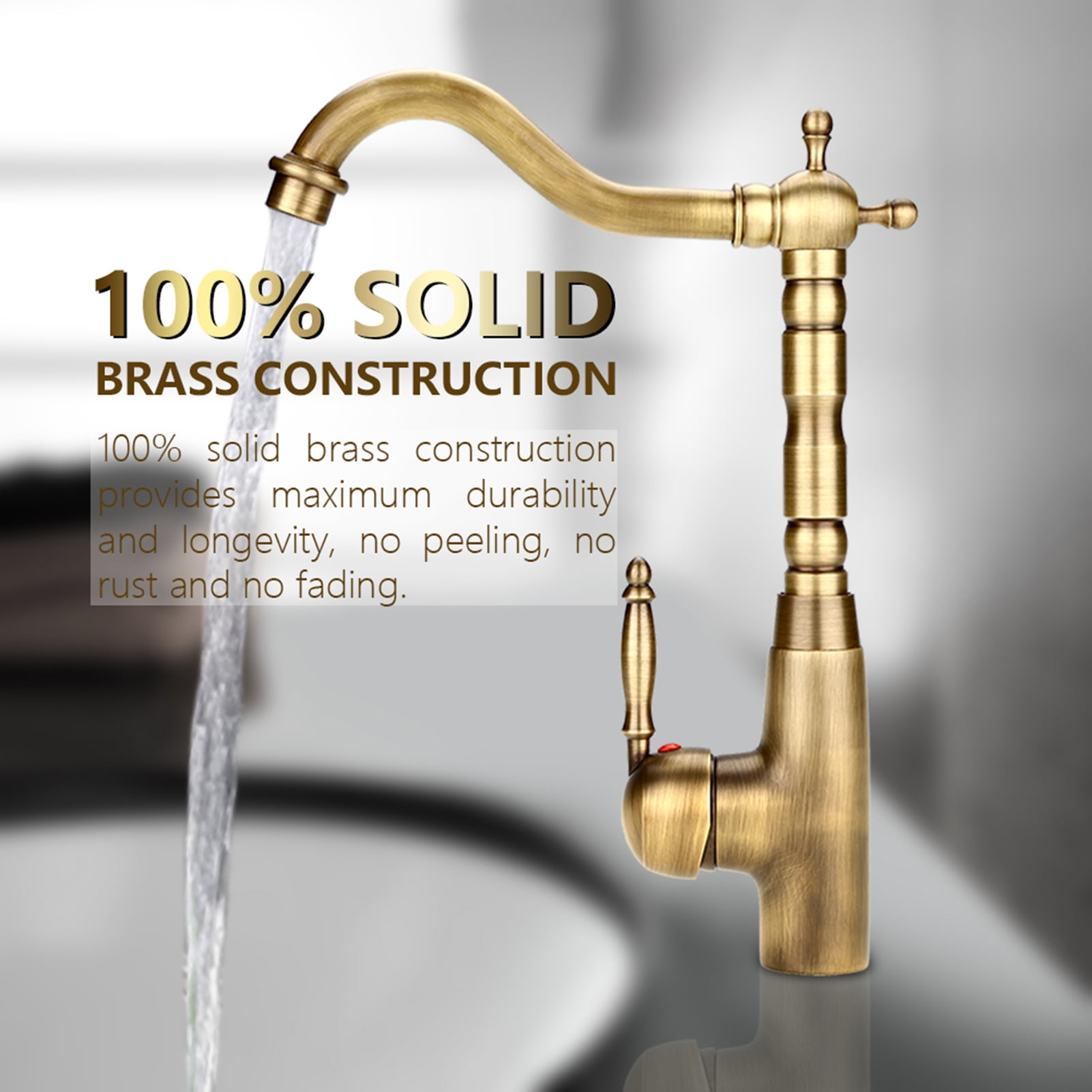 BIMZUC Antique Retro Style Solid Brass Bathroom Basin Sink Faucet Single Handle Hot and Cold Mixer Tap Yellow Bronze Finish (11.81 x 9.06 inches / 30 x 23 cm)