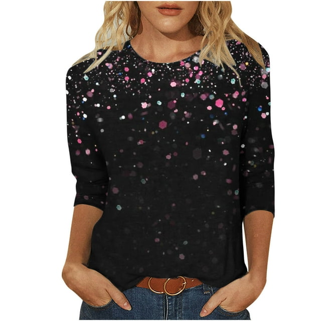 Besolor Hauts Scintillants pour Femmes Manches 3/4 T-Shirts Imprimés Pailletés Décontractés Col Rond Tuniques Tendance Blouses de Travail