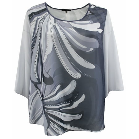 Abstract Blouse - Plus Size Women Two Tone Color Chiffon Abstract Blouse Tee T Shirt Knit Top Grey Charcoal 1X (17024)