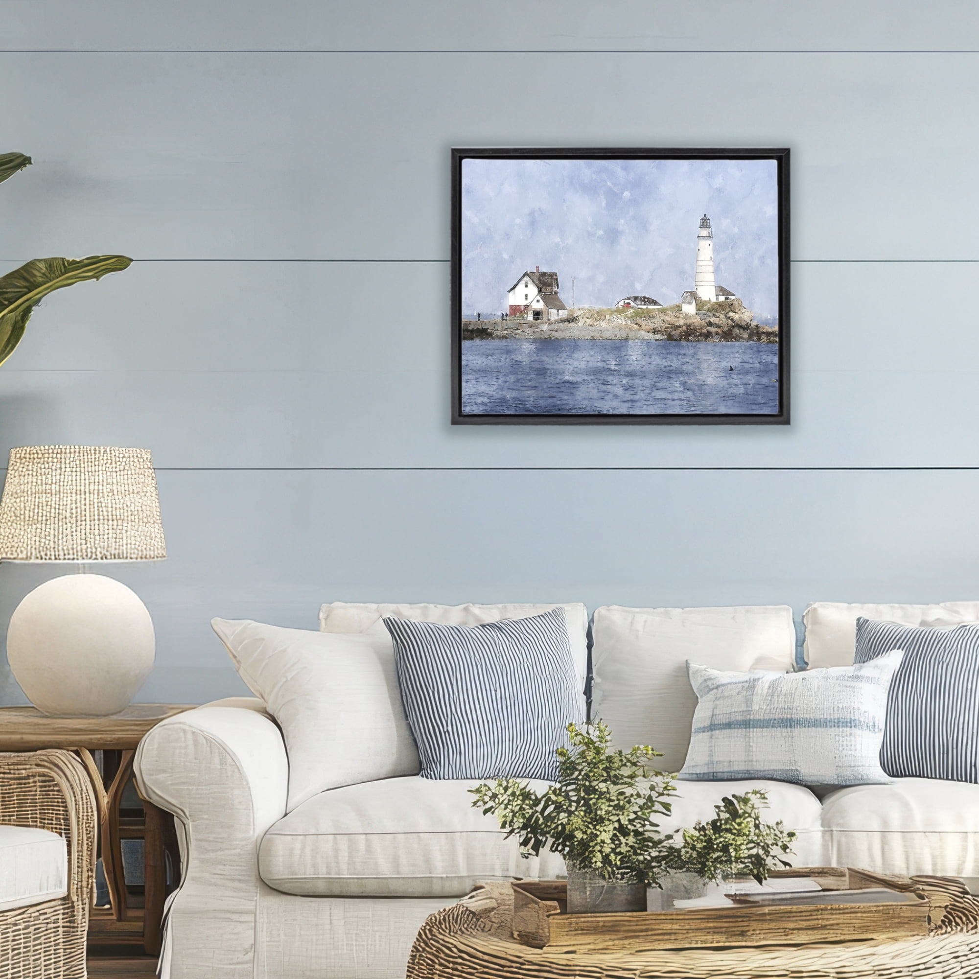 Stupell Industries Picturesque Lighthouse Island Black Framed Floater Canvas Wall Art, design by Kim Curinga
