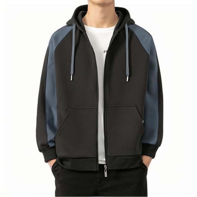 Men's Color Block Hooded Coat with Drawstring and Zipper Pockets for Casual and Outdoor Wear