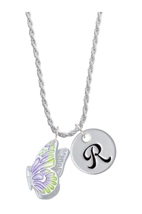 Silvertone Large Translucent Purple & Lime Green Flying Butterfly Silvertone Script Initial Disc - R - Charm Necklace, 20"+3"