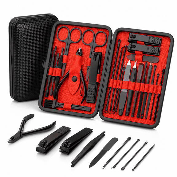 Manicure Set Nail Clippers Kit Professional Stainless Steel Nail Care Tools with Leather Travel Case 24 in 1 Black