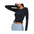 thumbnail image 4 of hirigin Women's Yoga Crop Tops Long Sleeve Pleated Drawstring Solid Color Casual Round Neck T-Shirt, 4 of 7
