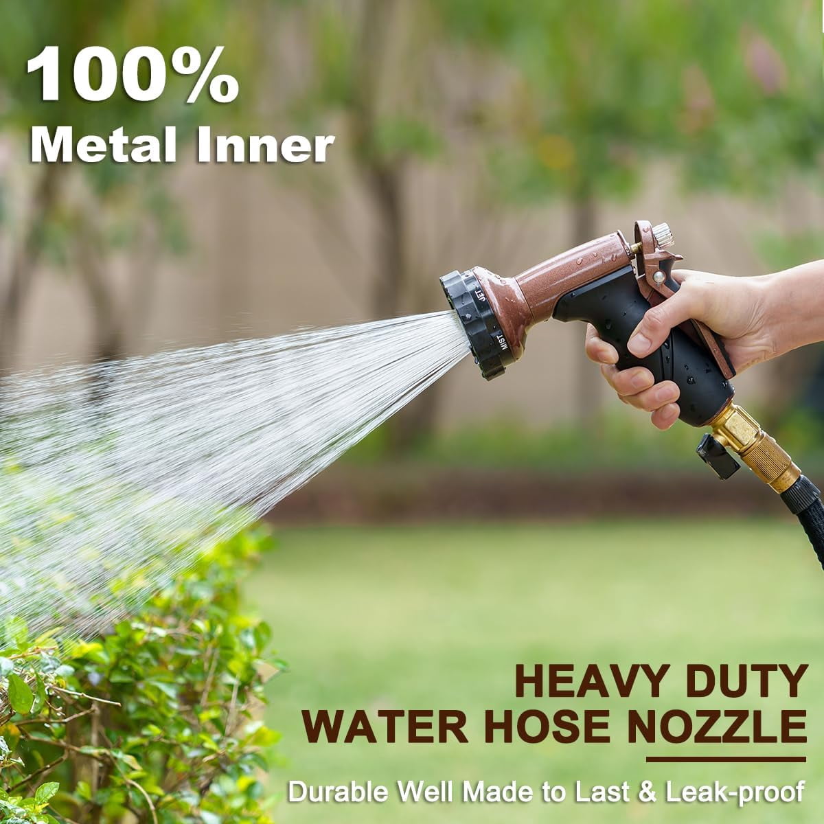 Metal Garden Hose Nozzle, Heavy Duty Water Hose Sprayer with 6 Spray Patterns, High Pressure Water Hose Nozzle with Rear Trigger, Ideal for Outdoor Lawn & Plant Watering, Car & Pet Washing
