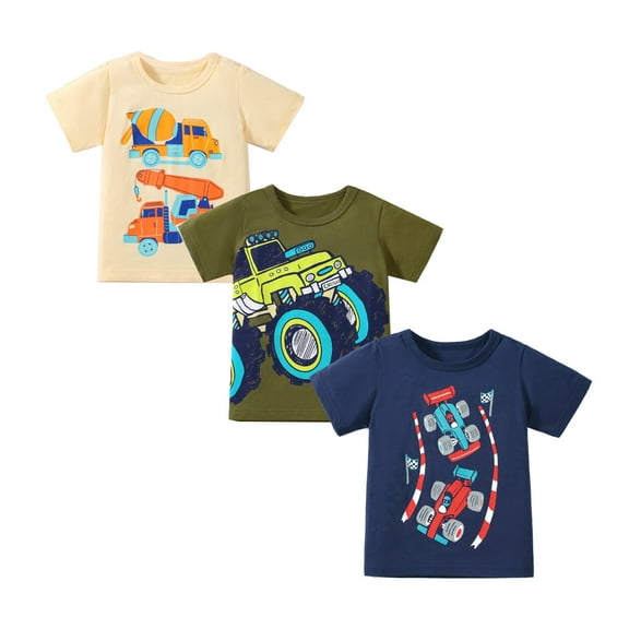 HILEELANG Toddler Boys' Short Sleeve Tees Cotton Casual Excavator Truck Crewneck Summer Top T-Shirts Blue Green 3 Packs Sets 5T