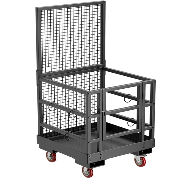 Heavy-Duty Forklift Safety Cage - 35.8x35.8 Inch Collapsible Platform, 1400lb Capacity with Locking Wheels & Drain Holes (Black)