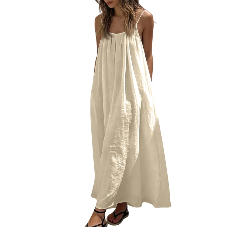 WULMLEO Womens Cotton Linen Spaghetti Strap Maxi Dresses Trendy Summer  Backless Sleeveless Loose Flowy Vacation Dress Beige L - Walmart.com