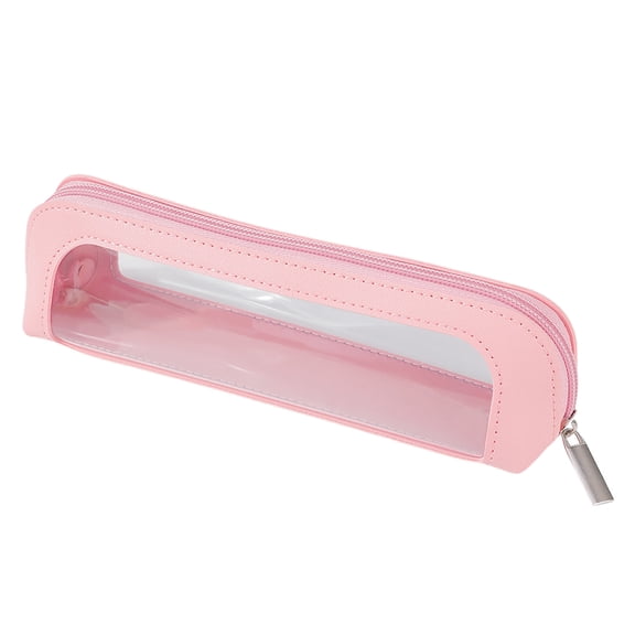 SLYNSHome Small Clear Pencil Case,Mini Makeup Bag PU Leather Travel Makeup Brush Case Portable Transparent Waterproof Pencil Pouch Office Supplies - Pink