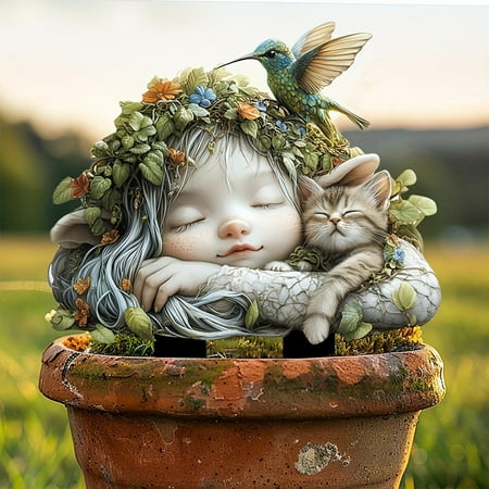 Limited Time Deal karymi Enchanting Hummingbird and Sleeping Garden Art Sculpture Theme Courtyard Multi Functional Outdoor Pottery Planting Housewarming Gifts Holiday Deals Fall Savings