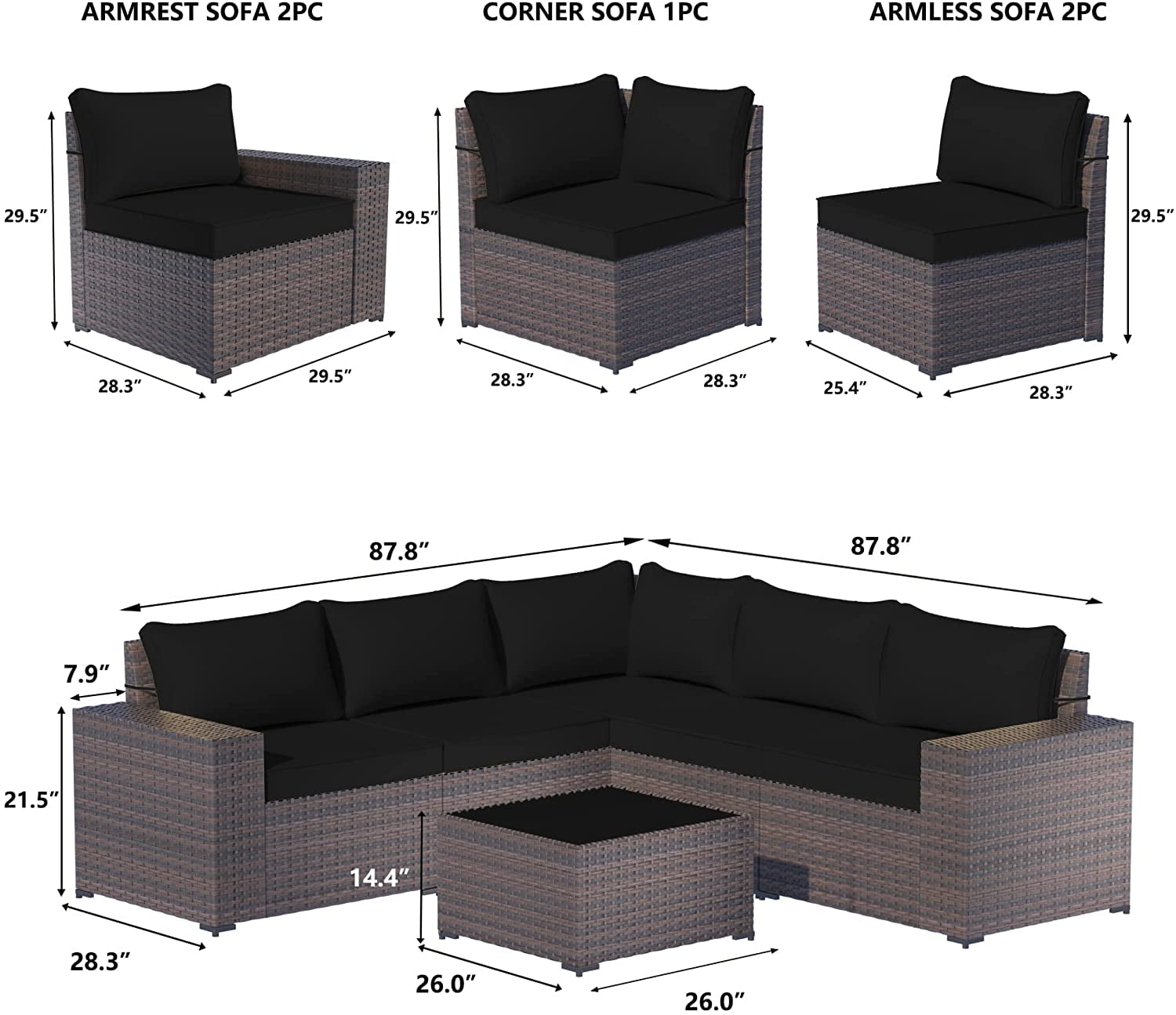 Kullavik 6 Pieces Patio Furniture Outdoor Sofa Wicker Rattan Conversation Set Cushion Glass Table Black