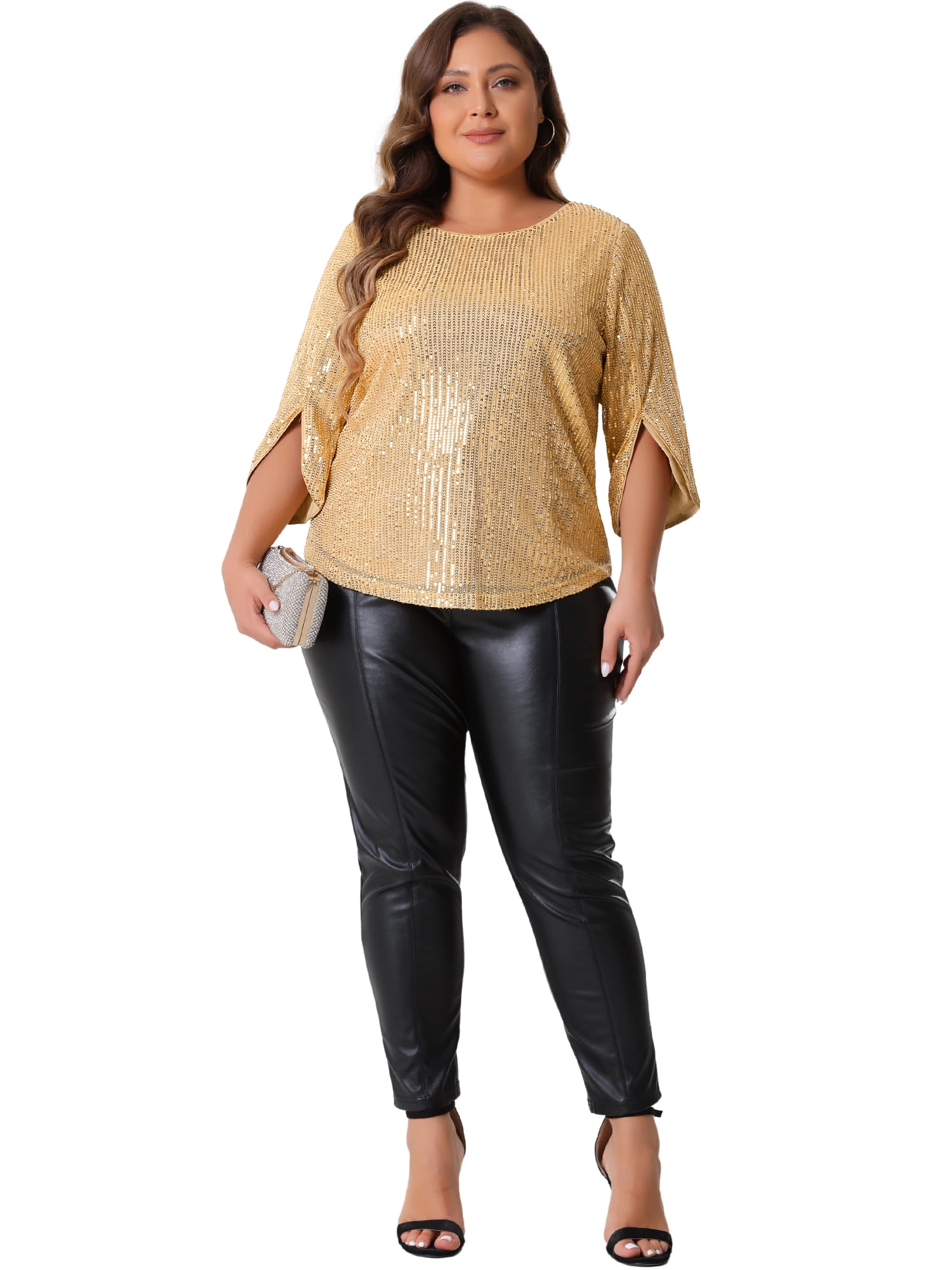 DARING DIVA Women's Plus Glitter 3/4 Sleeve Sparkle Sequin Blouse 1X Gold
