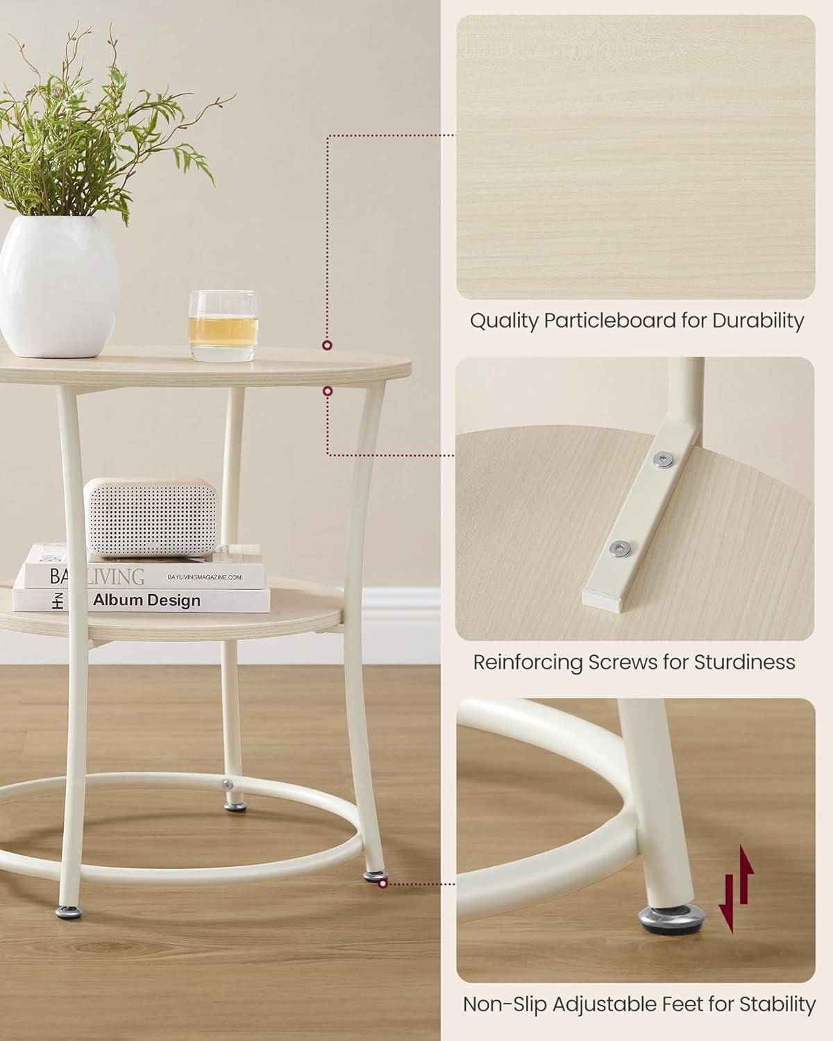 VASAGLE 21.7-Inch Round Side Table, 2-Tier End Table, Nightstand with Steel Frame, Spacious Top, for Small Spaces, Living Room, Bedroom, Natural Beige