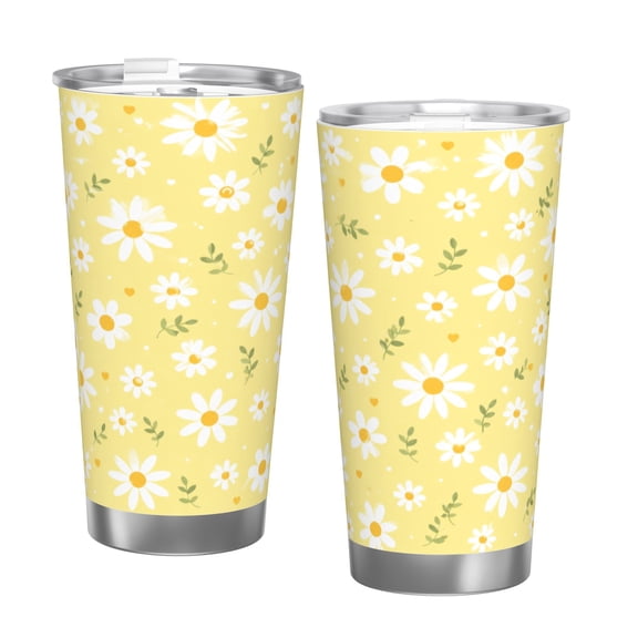 20oz Yellow Daisy Floral Tumbler with Handle and Straw Insulated Travel Coffee Cup Gift with Single Silver Rim