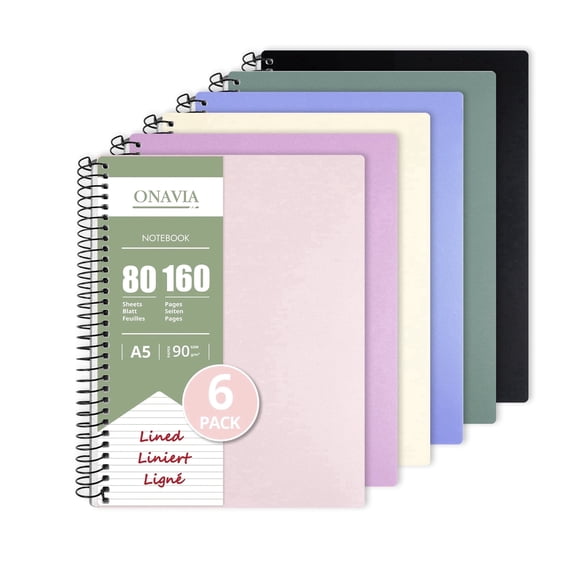 ONAVIA Lined Spiral Journal Notebook, A5 Small Notebook (5.8"x8.3") for Women & Men, 8mm Ruled, 160 Pages, Waterproof Poly Cover, Assorted Colors