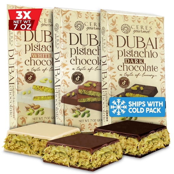 Dubai Chocolate Bar Variety Pack 3-Pack | Dark, Milk & White Pistachio Kunafa Chocolate Bars | Viral Knafeh Gift Set | 21oz (600g) | Shipped with Ice Packs