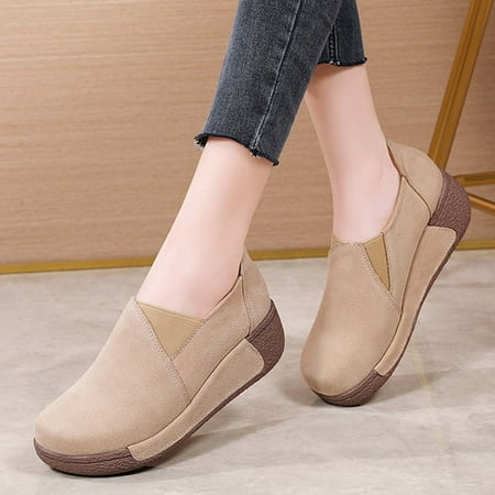 

symoid Womens Booties and Ankle Boots- Fashion Thick-soled Rocking Shoes Single Shoes Comfortable Mother Shoes Casual Leather Shoes Beige 37