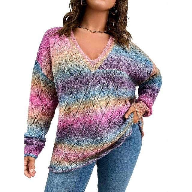 Casual Ombre V neck Pullovers Long Sleeve Multicolor Plus Size Sweaters ...