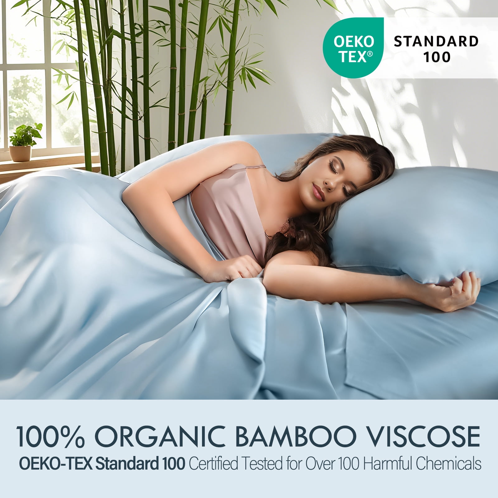 ClevaHome 4-Piece Full Bamboo Bed Sheet Set, 100% Organic Cooling Fabric, 16" Deep Pocket, Light blue