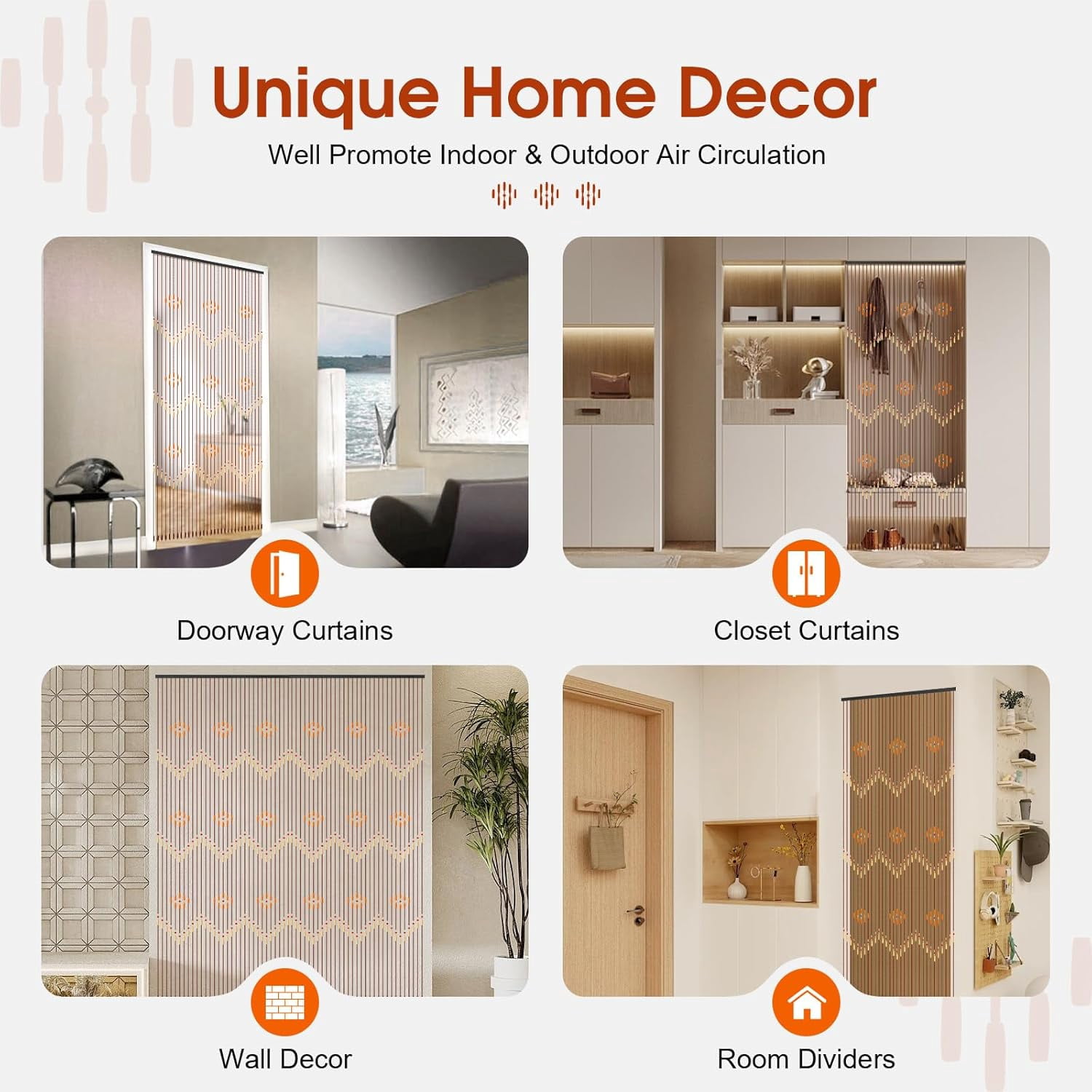 31Line Wooden Bead String Door Curtain Natural Wood & Bamboo Beaded Curtain Fly Screen Bath Bedroom Porch Hallway Entrance Wall Closet Doorway Privacy Decor 90x220cm