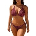 thumbnail image 2 of 2 Piece Swimsuit for Women, Two Piece Swimsuit for Women, Full Coverage Bikini, Women's Shiny Triangle Bikini Set Sequin Halter String Backless Tie Side Two Piece Swimsuit Bathing Suit, Wine S, 2 of 5