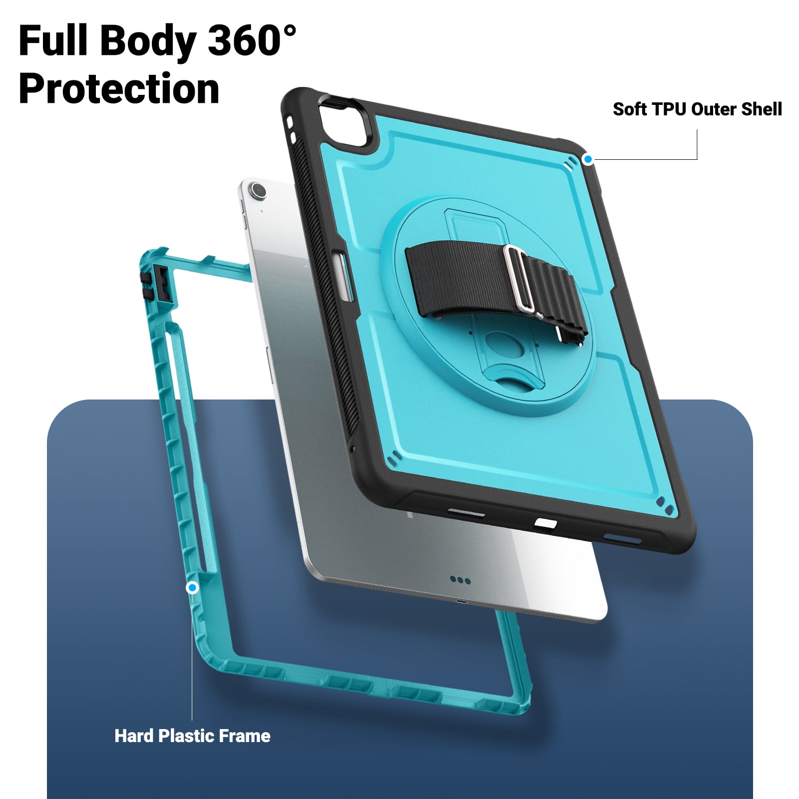 ELEHOLD Case for Apple iPad Air 13 (2024),Soft TPU Rugged Durable Case with 360° Rotating Hand Strap & Foldable Hidden Stand & Pencil Holder,Lightblue