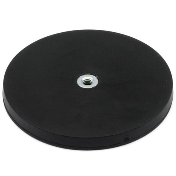 Black Rubber Coated POS Magnets Countersunk with M6 Boss Thread (Flush x 6mm deep) - 88mm dia x 8mm high - 92.61lbs Pull