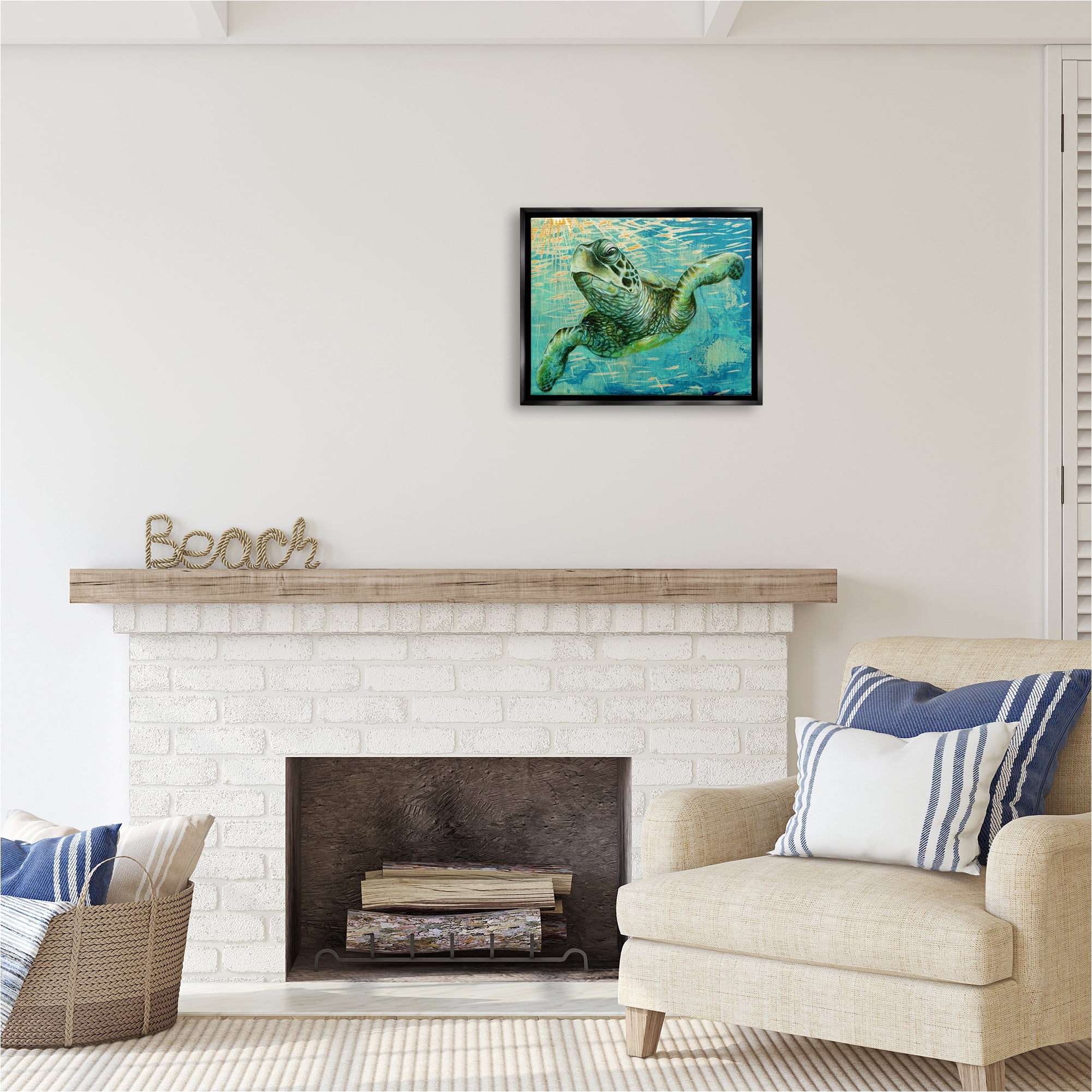 Stupell Industries Turtle & Abstract Rays Animals & Insects Painting Black Floater Framed Canvas Art Print Wall Art, 21 x 17