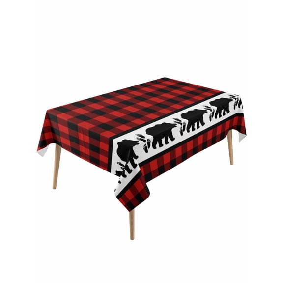 Red Black Plaid Rectangle Tablecloth, Country Vintage Bear Buffalo Gingham Waterproof & StainResistant Tablecloth, Washable Oil-proof Table Cover for Dining/Party/Wedding/Camping/Buffet 54x108 In