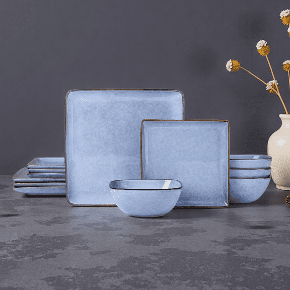 Onader Square Dinnerware Sets for 4, 12-Piece Plates and Bowls Sets, Reactive Glaze Dish Set, Chip and Scratch Resistant, Microwave and Dishwasher Safe, Ocean Blue