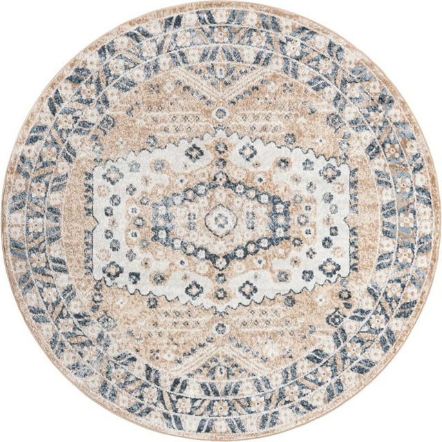 Unique Loom Tapis de Bordure de Médaillon Oxford 7' x 7' Rond Beige/ivoire