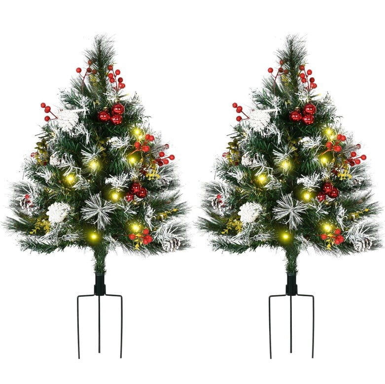 2.5ft Battery-Operated Prelit Christmas Tree 70 Tips 24 LED Lights Berries Pine Cones Tripod Stake Outdoor Decor