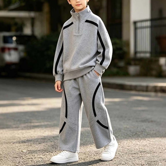 Timegard Boys Clothes Fall Winter Kids Sweatsuit 5-15 Years Zipper Stand Collared Pullover Sweatpants Loose Athletic Sets