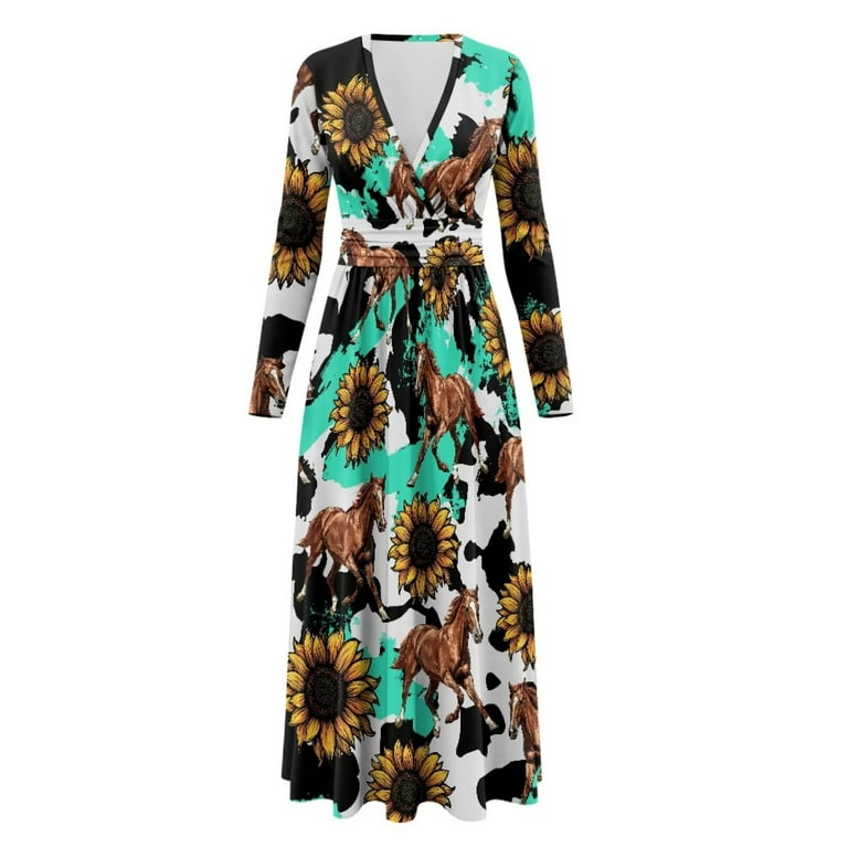 Fkelyi Sunflower Horse Print Womens Fall Maxi Dress V-Neck Long Sleeve Casual Dress with Pocket A-Line Flowy Tiered Dresses for Spring Winter, 3XL,