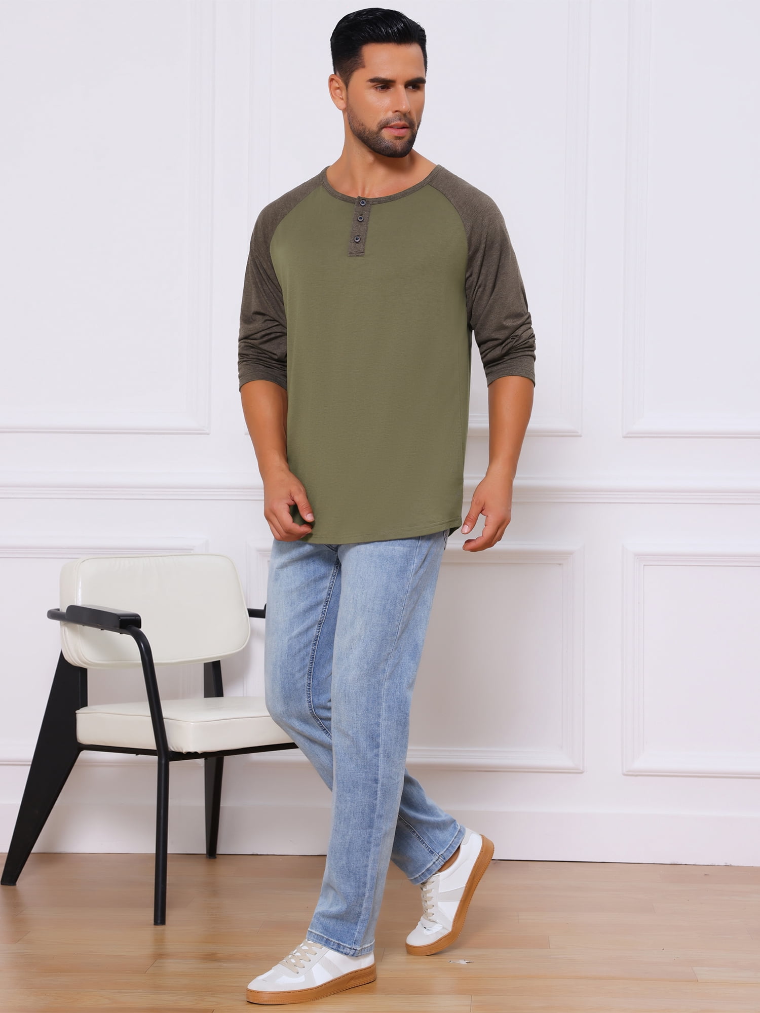 DARING DIVA Men's Raglan Long Sleeve Tee Shirt Baseball Henley T-Shirts S Green Brown