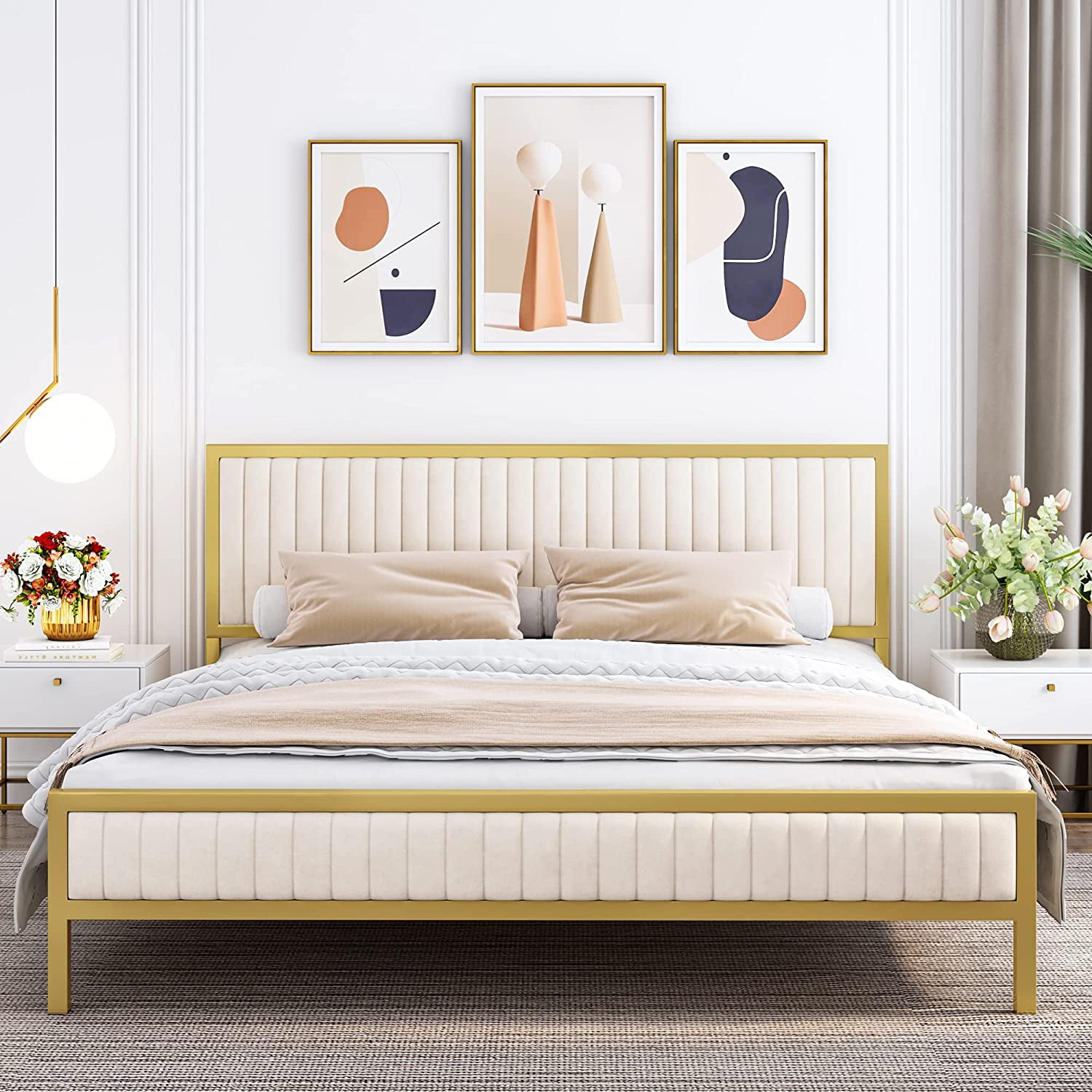 Homfa King Bed Frame With Headboard And, Diy Rustic Queen Bed Frame With Storage Boxes White Luröy