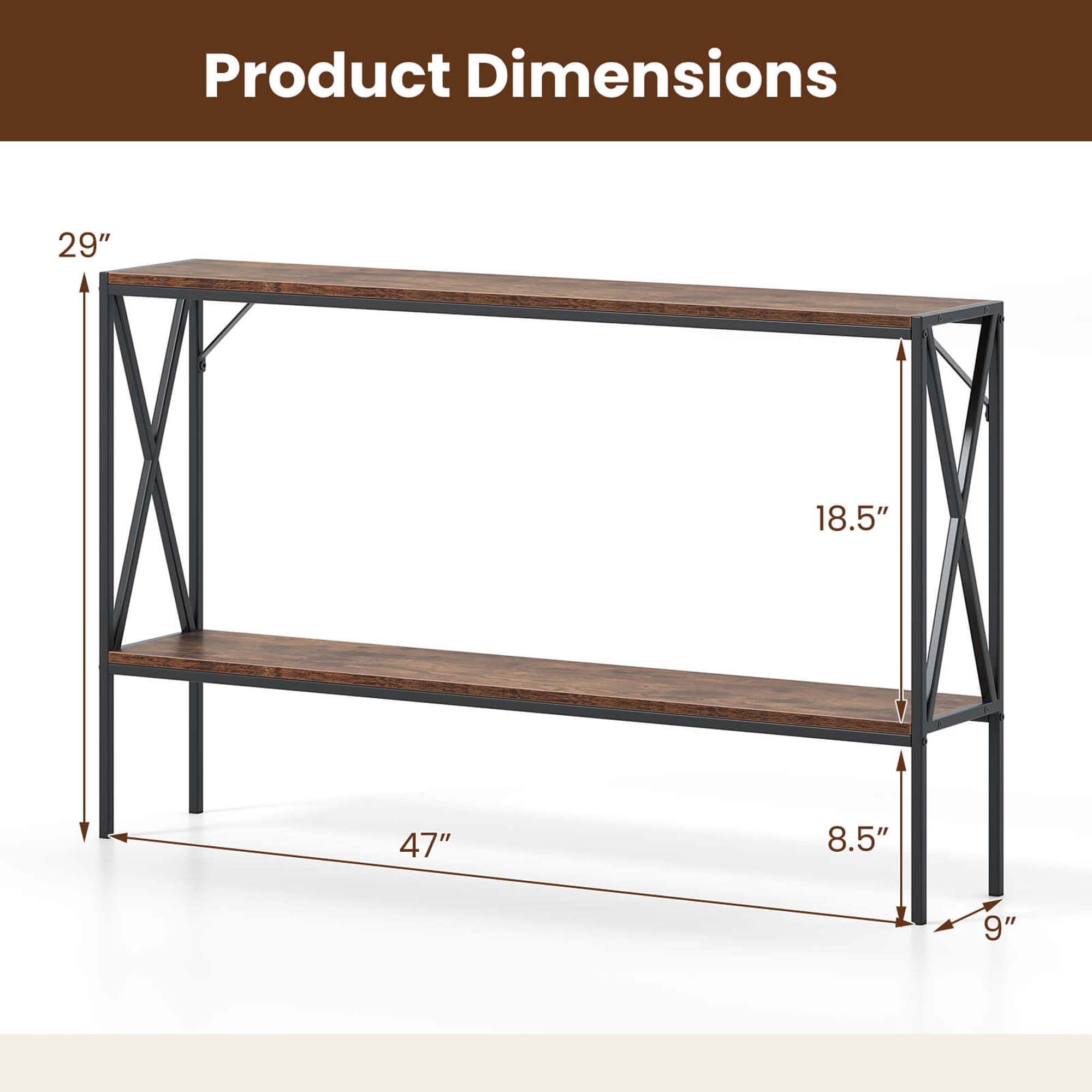 Costway Narrow Console Table 2-Tier Entryway Table with Storage 2 Support Bars Sofa Table Brown