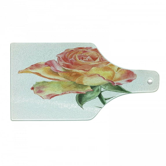 Rose Cutting Board, Hand Drawn Rose in Watercolors Lively Petals Botanical Floral Inspiration, Decorative Tempered Glass Cutting and Serving Board, Wine Bottle Shape, Green Orange Coral, by Ambesonne