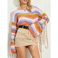 thumbnail image 3 of Cenuakty Women's Fall Cropped Knit Tops Stripe Print O-Neck Tassel Long Sleeve Spring Loose Sweaters Knitwear, 3 of 9