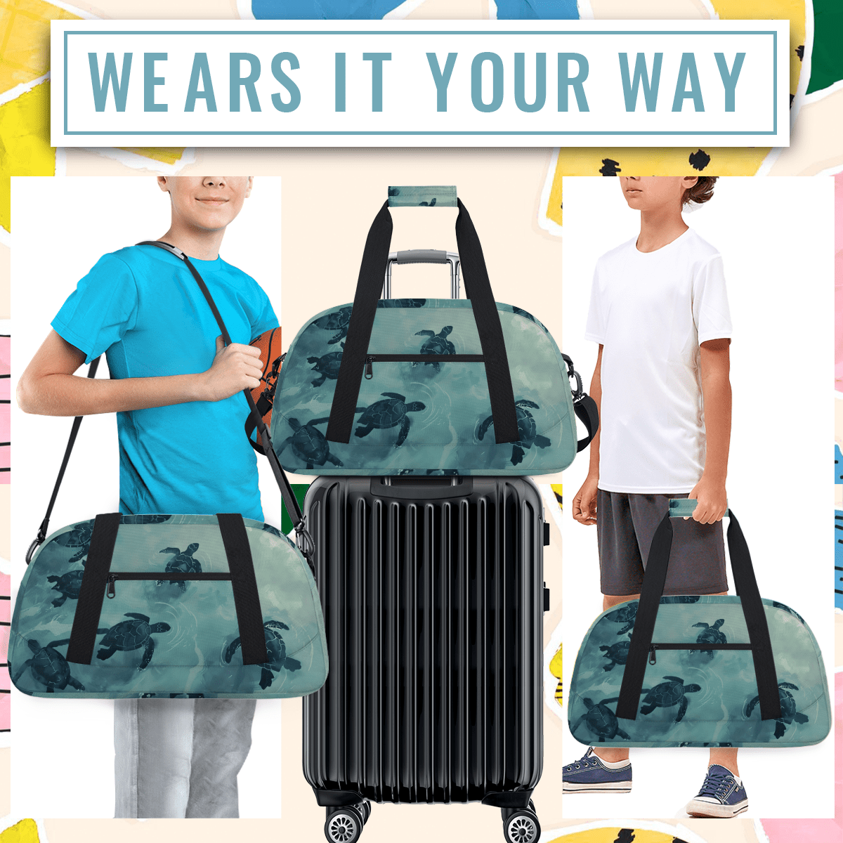 Herdesigns Turtle Sea Animals Sports Duffle Bag for Women & Men, Gym Bag Dance Bag Overnight Bag Carry On Weekender Travel Bag