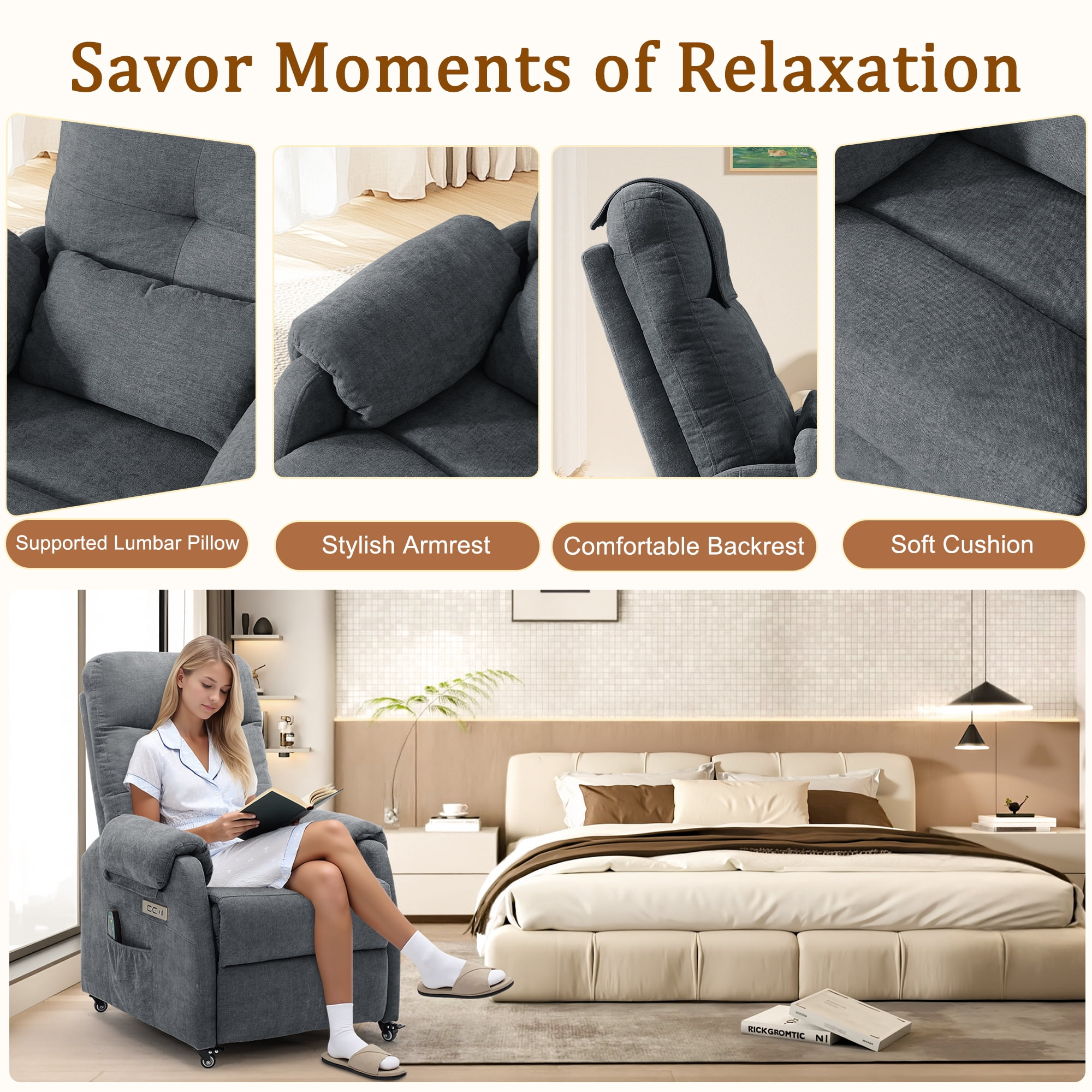 Korser Power Small Recliner Chair for Small Spaces with Wheels and USB Ports for Living Room,Charcoal Gray