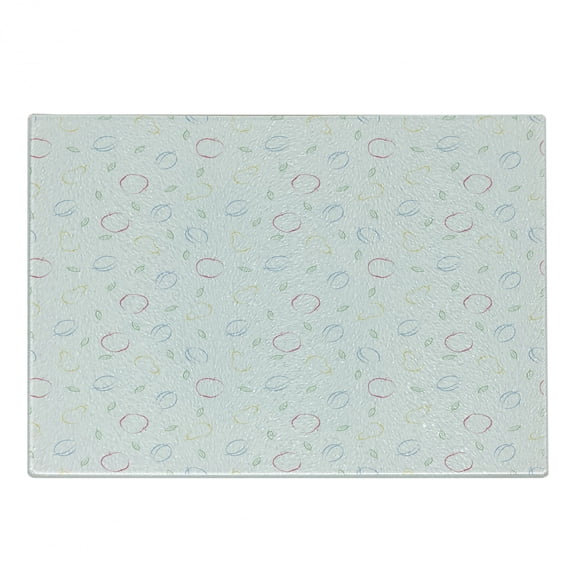 Colorful Cutting Board, Crayon Drawing Style Pattern with Different Fruits and Green Leaves Healthy Eating, Decorative Tempered Glass Cutting and Serving Board, Small Size, Multicolor, by Ambesonne
