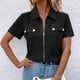 thumbnail image 2 of Camiseta de mujer de manga corta con bolsillos delanteros, color negro, talla S, perfecta para viajar Blusa de verano con botones y cremallera, 2 of 6
