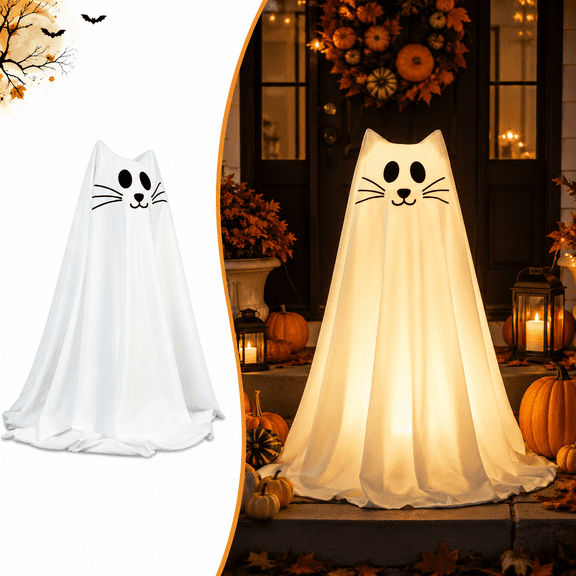 Halloween LED Cat Ghost Decor with Remote Control, 27.6 in Standing Fabric Ghost Figure Light Up Yard Ornament for Front Door Porch Lawn Party Decoration