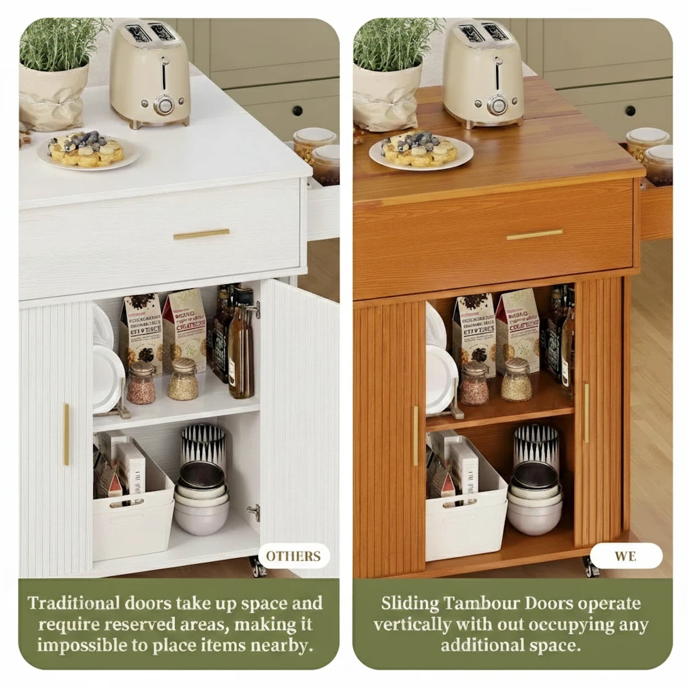 AISWORD Rolling Kitchen Island with Drop Leaf, Sliding Door, Drawers & Spice Rack, Yellow